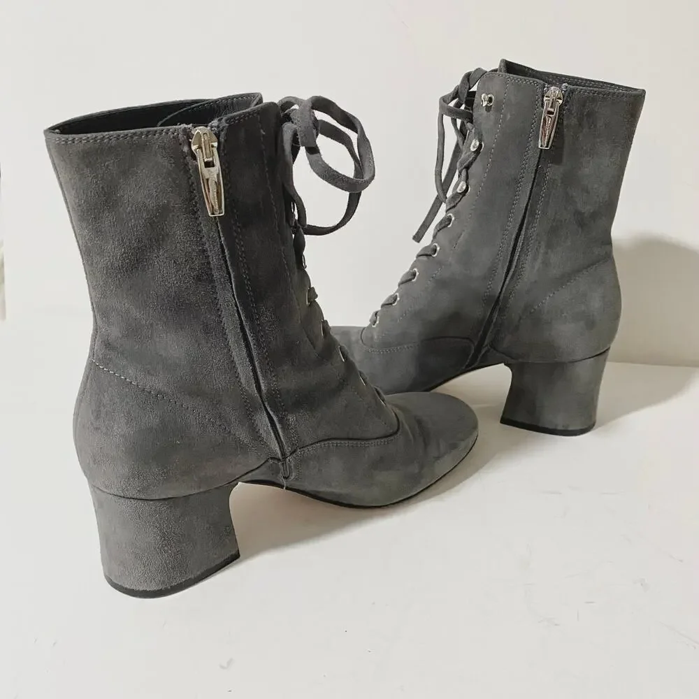 Gianvito Rossi Gray Suede Lace Up Boots Mackay Low Block Heel Ankle Zip sz 38